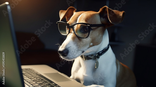 Generative Ai image of a jack russell terrier looking at a laptop