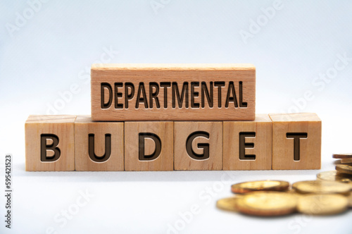 Departmental budget text engraved on wooden blocks on white background cover. Business and budgeting concept