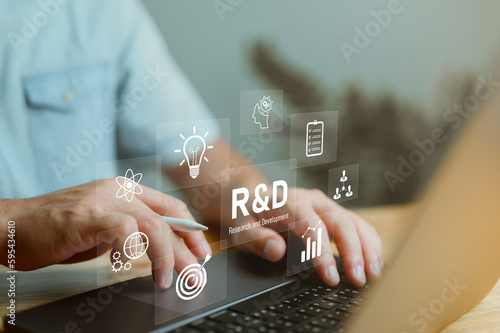 Businessman working with r and d sign. R D icon network business technology concept, R&D, Research and development, strategy, action plan, manage and working project more efficiently.