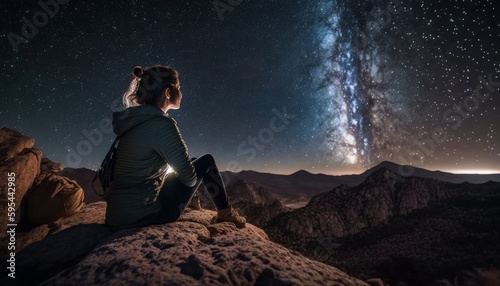 Young woman hiker looking at the milky way in the mountains, Generative AI