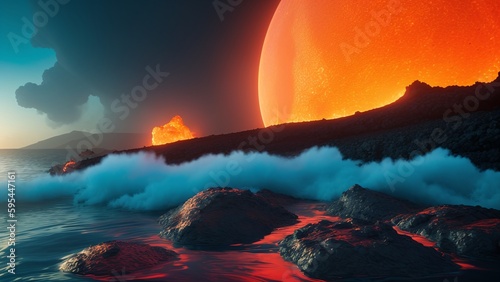 A Dreamy Scene Of A Red Planet With A Huge Orange Sun AI Generative