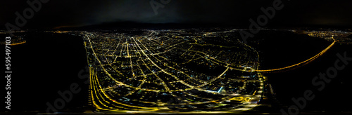 Saratov, Russia. Lights of the night city. Saratov bridge. Embankment of the Volga River. Panorama 360. Aerial view