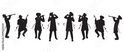 Jewish followers dancing, playing and singing. Flat vector silhouettes. Black on a white background. The figures are dressed in long coats and sashes fluttering to the sides as they move