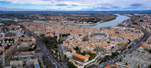 Aerial view of the old town of Arles on a sunny day on a late afternoon in spring.
