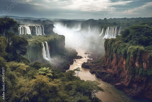 Iguazu Falls Grandeur: World's Largest, Argentina-Brazil Border, Awe-Inspiring Wonder, Spectacular Scenery, Generative AI