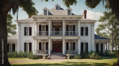 Antebellum exterior house design in daytime golden hour generative ai