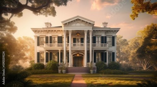 Antebellum exterior house design in daytime golden hour generative ai