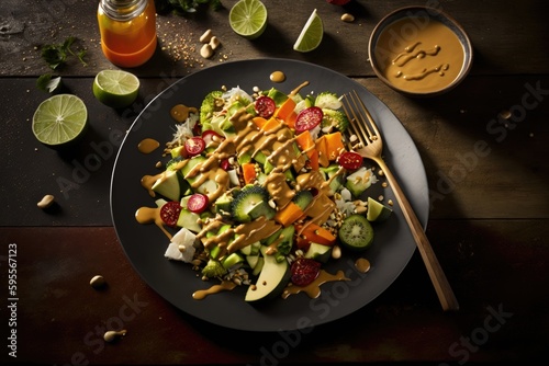 full plate fruit vegetable salad with peanut sauce on it. Illustration. Generative AI