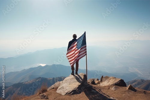 A man on top of a mountain holding a american flag, generative AI