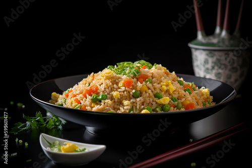 Fried rice in a black bowl on a dark slate background. Vegetarian rice is an Indochinese dish with bell peppers, green beans, and carrots. ai generative