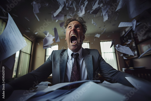 Businessman is drowning in a pile of documents and asking for help, screaming angry in stress while scattering documents around. Generative AI.