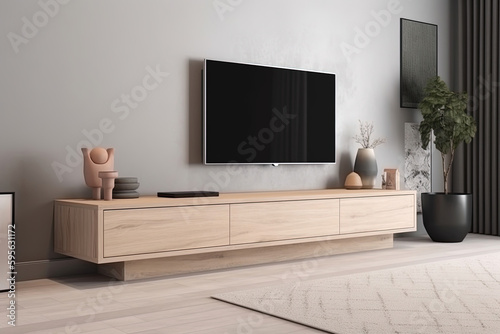 A minimalist TV cabinet mockup integrated into the wall, designed for a Japanese room aesthetic, blending functionality with clean lines and serene simplicity