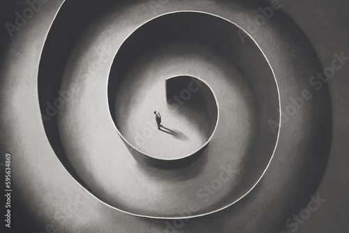 Illustration of man lost in a circular maze, surreal abstract concept