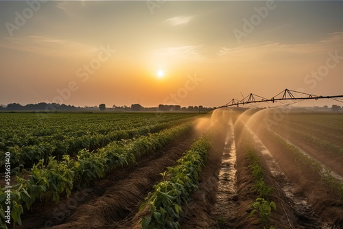 Irrigation system on agricultural soybean field