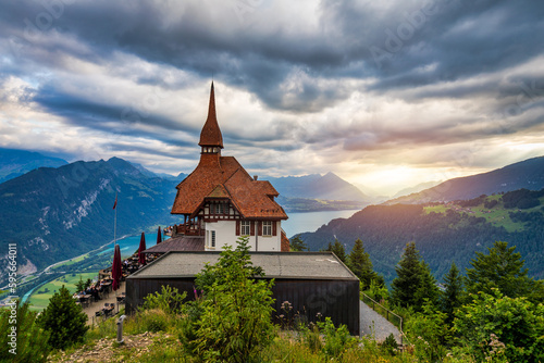 Beautiful top of Harder Kulm in Swiss Interlaken in summer sunset. Turquoise Lake Thun and Brienz in background. Stunning scenery on top of Harder Kulm over Interlaken. Berner Oberland, Switzerland