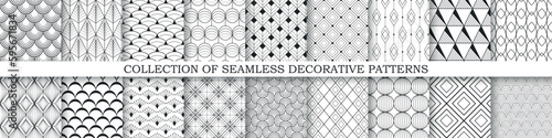 Collection of vector seamless geometric ornamental patterns - elegant monochrome design. Repeatable ornate black and white backgrounds.