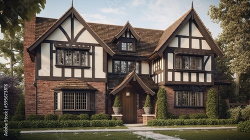 Tudor exterior house design in daytime golden hour generative ai