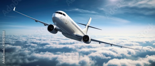 Realistic photo of a white luxury commercial airplane of generic design flying above the ground. With white clouds on the background. Generative AI
