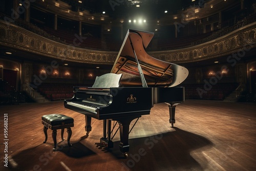 A stage with a grand piano on it. Generative AI