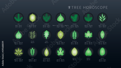 tree horoscope chart, tree calendar on dark background