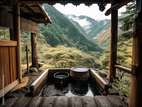 Japanese Onsen with a Mountain View - generative AI