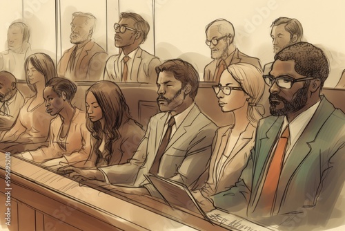 Illustration of a jury sitting in a courtroom, waiting to deliver a verdict. The jurors are depicted as a diverse group of individuals. generative AI