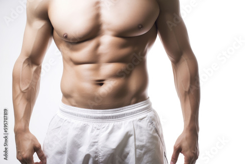 Male abdominal muscles, Bodybuilder shows abs, White background, High quality Generative AI