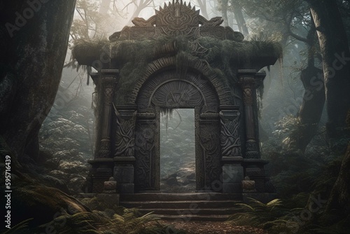 Concept art of ancient gate to Valhalla; a portal gate in a pine forest with a Norse and Viking mythological vibe. Enter the afterlife through the large gate. Generative AI