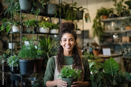 Smiling attractive female Small business owner in her plant shop. Generative AI