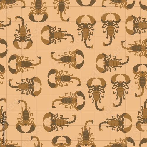 Seamless pattern of scorpion in beige brown grid background wallpaper