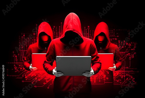 Three hackers without face. Concept of red hat, hacker group, organization or association.