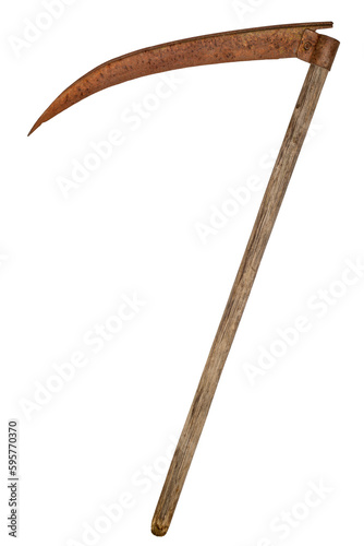 Scythe on a white background. Antique scythe of the classical form. Rusty scythe with a wooden handle.