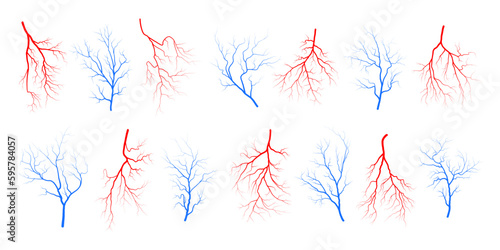 Human eye blood veins vessels silhouettes vector illustration set isolated on white background. Red and blue eyeballs veins anatomical collection of human blood vessel artery health system.