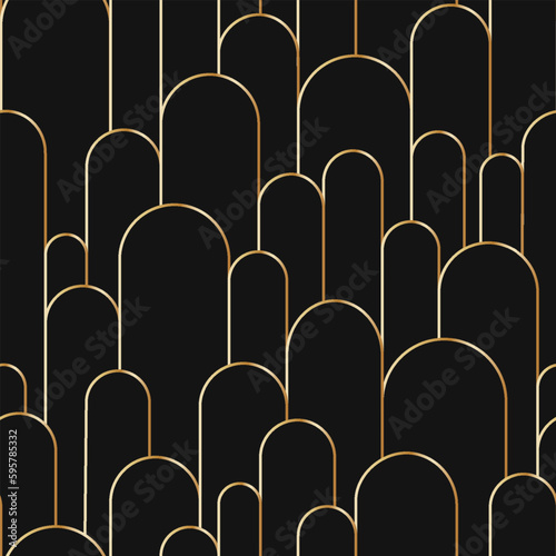 Boho arch seamless pattern. Geometric art deco simple background. Golden circular arc in linear style. Seamless abstract modern geometric pattern. Vector illustration on black background.