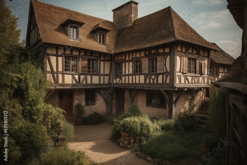 Half timbered medieval house in Eauze town, Gers region- South France. Generative AI