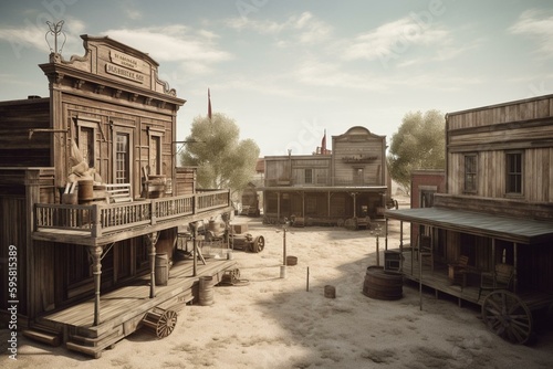 3D rendering of a rustic western town with various businesses in wide side view. Generative AI