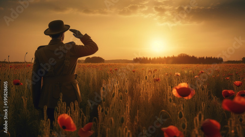 Soldier salutes standing in poppy field during sunset. Remembrance Day created with generative AI technology