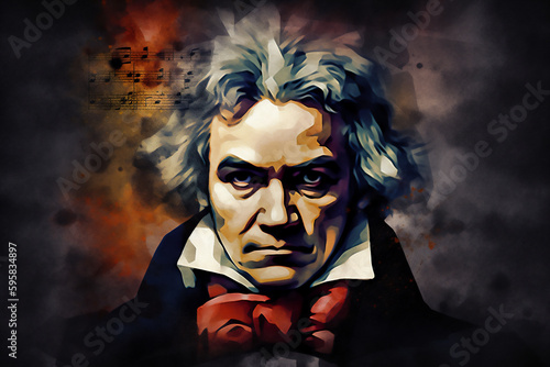 Ludwig van Beethoven watercolour painting of the famous German classical music pianist and musical opera composer, computer Generative AI stock illustration