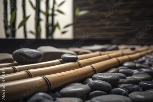 Spa concept with wellness and health therapy elements. Ai. Bamboo candles and stones spa still life 
