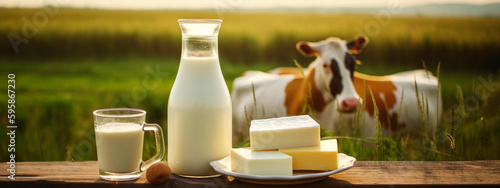 a bottle of milk, a glass of milk and a plate of cheese on a table in front of a field of cows. Generative AI,
