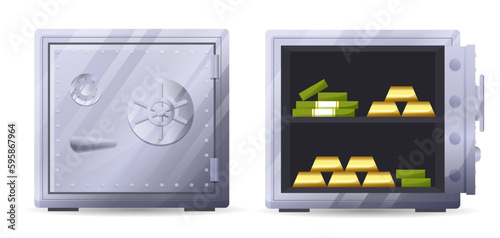 Bank metal vault and safes with open and closed doors. Safe Icons. Gold bars and cash money in secure metal storage. Bank metal vault and safes
