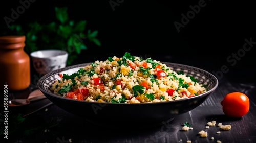 Tabbouleh salad on a black table. Levantine vegetarian salad with couscous in a bowl with parsley, mint, bulgur, tomato. Generative AI,