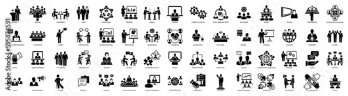 Conference, meeting, business training and team, brainstorm, seminar, interview icon set