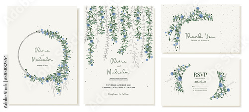 Rustic wedding thank you card and invitation templates with dangling vines, leaves and blue flowers in natural colors. Vector