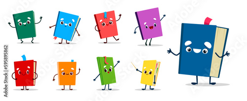 Cartoon textbook, notebook and bestseller book characters, vector emoji smile. School library and education books, kids personages with funny faces and bookmarks, novel or dictionary emoticons