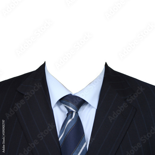 Men's suit with blue shirt and tie is isolated on a green background.