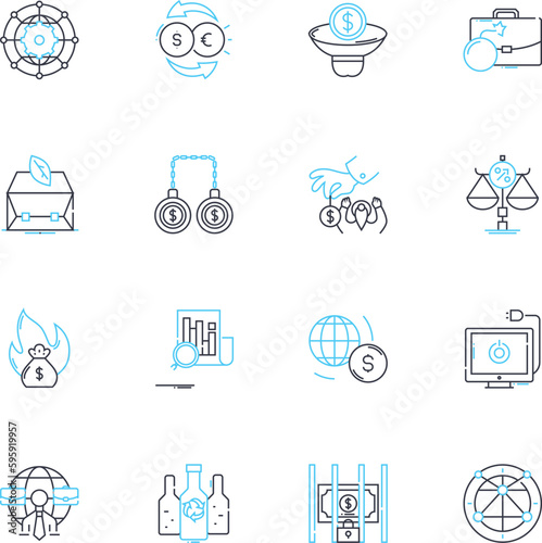 Government deceit linear icons set. Corruption, Deception, Manipulation, Lies, Cover-up, Fraud, Scandal line vector and concept signs. Betrayal,Misrepresentation,Double-cross outline illustrations