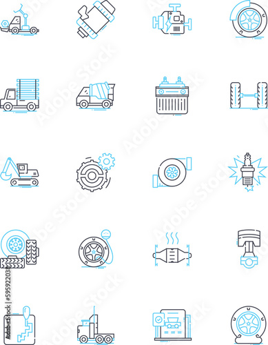 Bike shops linear icons set. Bicycles, Cycling, Repairs, Accessories, Gear, Parts, Maintenance line vector and concept signs. Wheels,Pedals,Tires outline illustrations