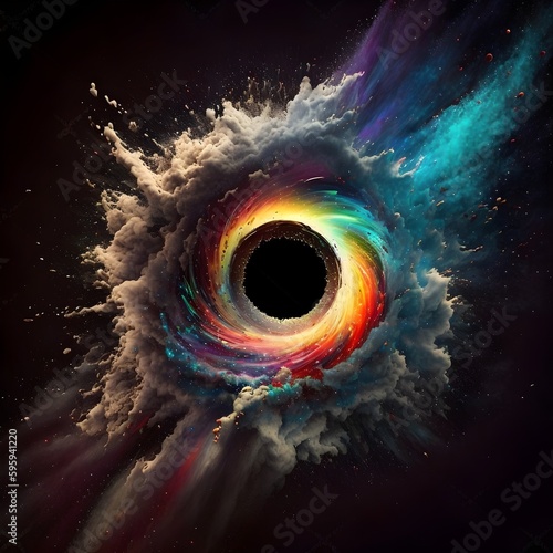 Concept of an black hole surrounded by an neon dust explosion