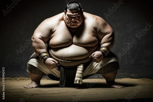 Japanese sumo wrestler in concentrated position. Ai generated.